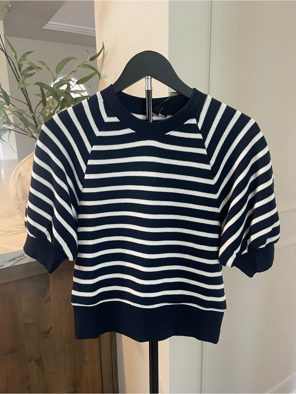 J. Crew NWT Heritage Terry Navy and White Striped Puff-Sleeve Sweatshirt Top XS